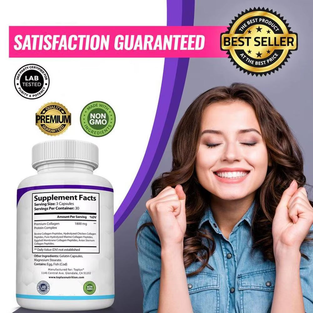 90Pcs/Bottle Collagen Capsules 1800MG Supporting Healthy Skin Hair Nails and Joints Supplement Collagen for All Ages