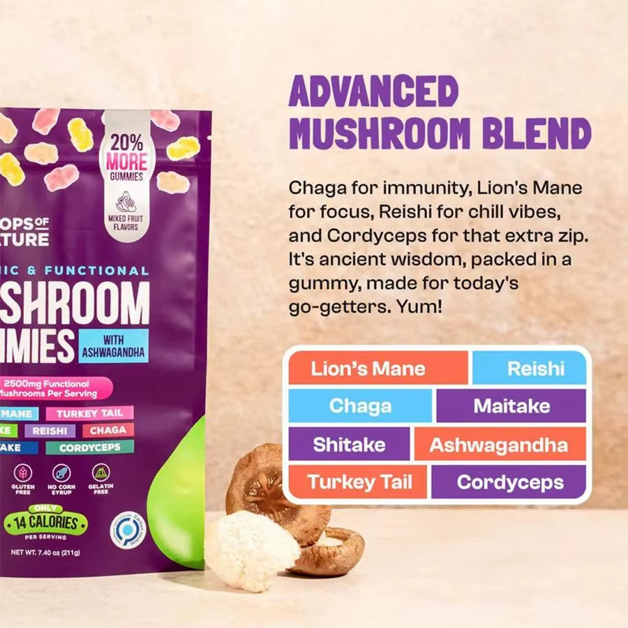 Mushroom Gummies with Ashwagandha, Lion'S Mane, Reishi, Turkey Tail - Boost Immunity and Maintain Cardiovascular Health