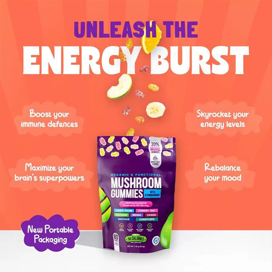 Mushroom Gummies with Ashwagandha, Lion'S Mane, Reishi, Turkey Tail - Boost Immunity and Maintain Cardiovascular Health
