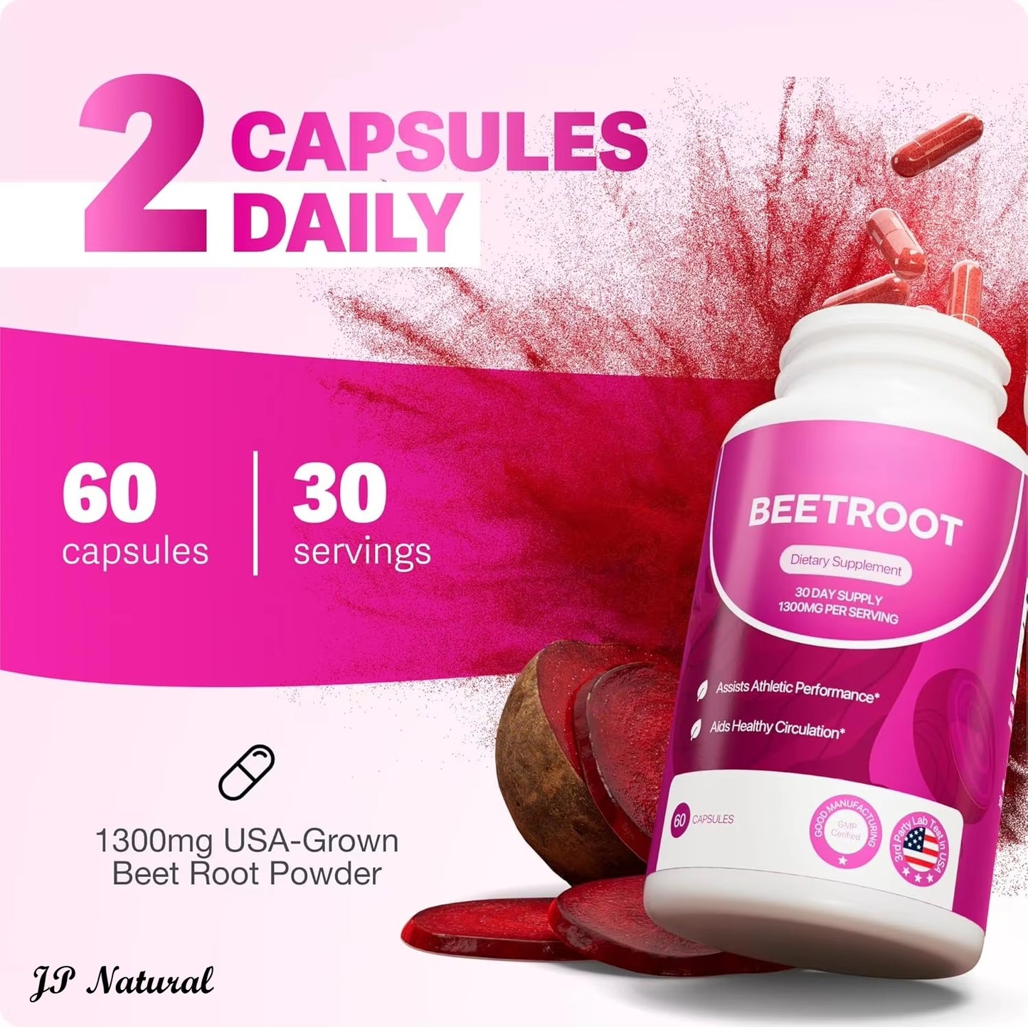 Rosabella Organic Beet Root Capsules –1300Mg Beetroot Powder for Natural Energy & Endurance Support, Non-Gmo, 60 Capsules