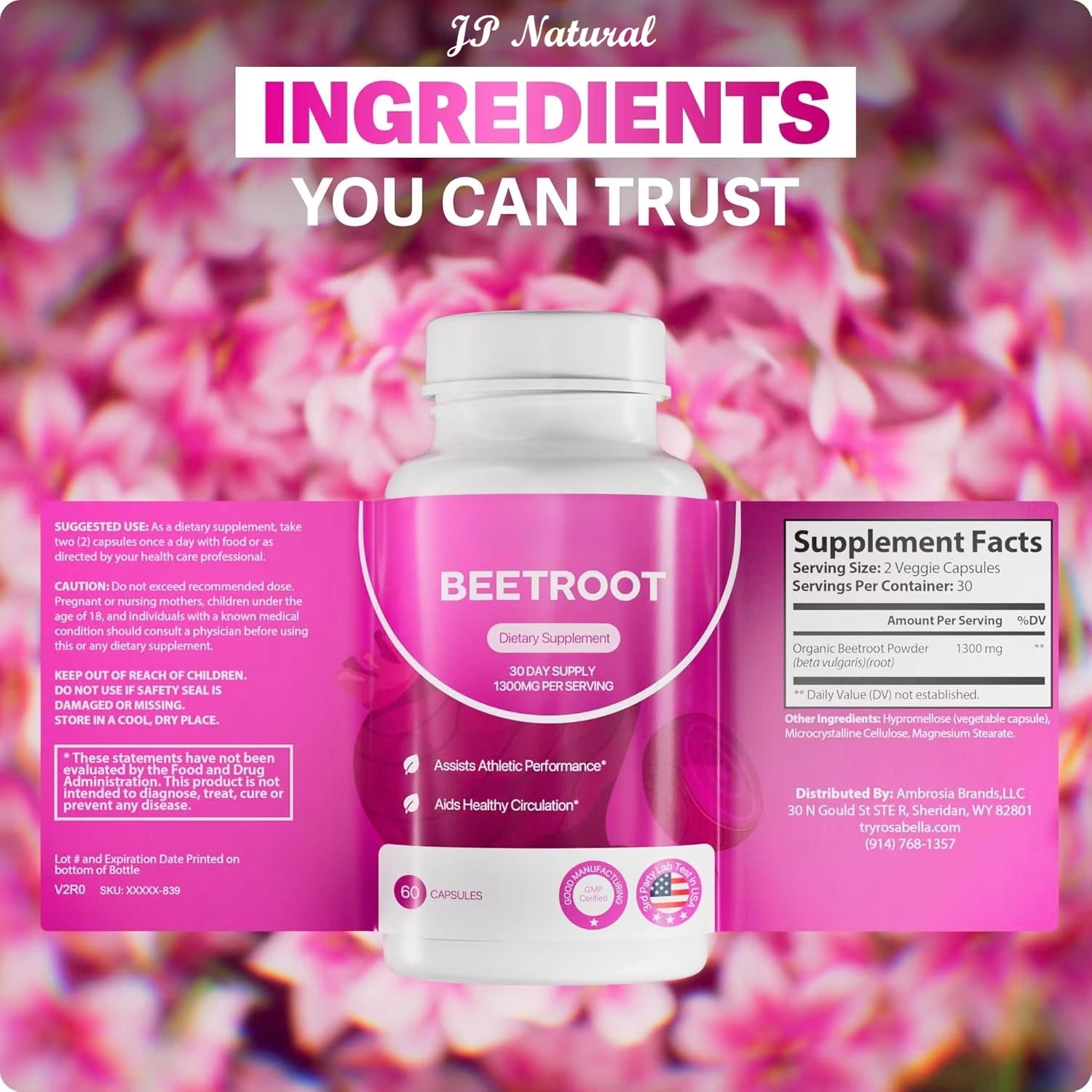 Rosabella Organic Beet Root Capsules –1300Mg Beetroot Powder for Natural Energy & Endurance Support, Non-Gmo, 60 Capsules