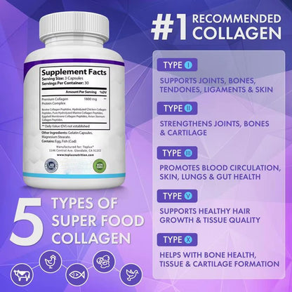 90Pcs/Bottle Collagen Capsules 1800MG Supporting Healthy Skin Hair Nails and Joints Supplement Collagen for All Ages